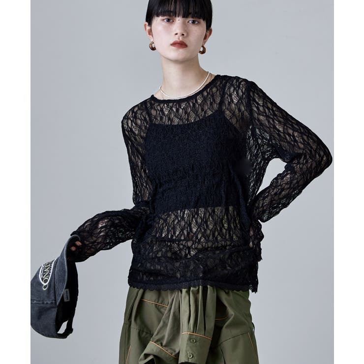 ブラック | etoll エトル レースサイドタックドレープトップス | Fashion Letter