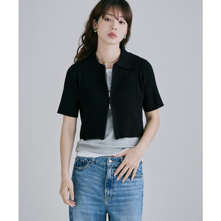 ブラック | etoll エトル ポロ襟Wジップカーディガン | Fashion Letter