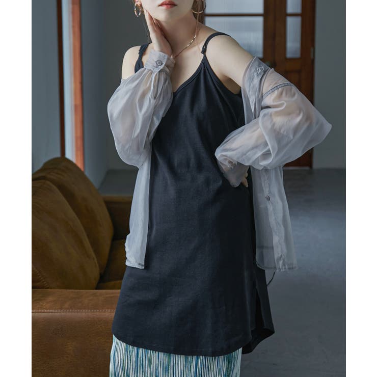 ブラック | Vネックレイヤードロングキャミソール レディース キャミソール | Fashion Letter