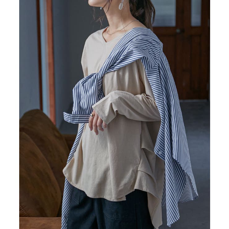 ライトベージュ | タックヘムコットンVネックカットソー レディース トップス | Fashion Letter