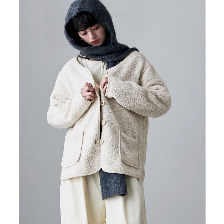 オフホワイト | etoll エトル ノーカラーライトボアコート | Fashion Letter