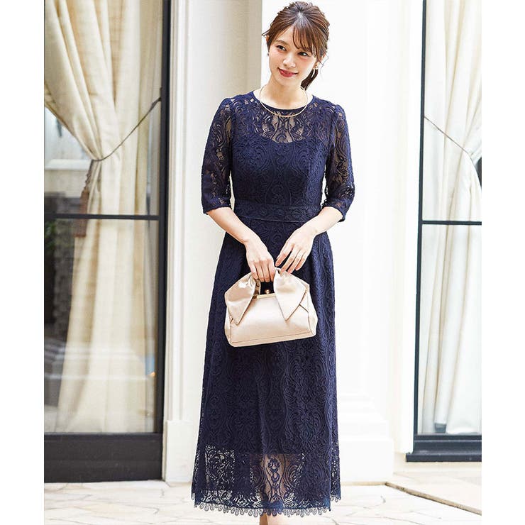 niana ドレス プリーツ×レース 7分袖パーティードレス 結婚式ワンピース