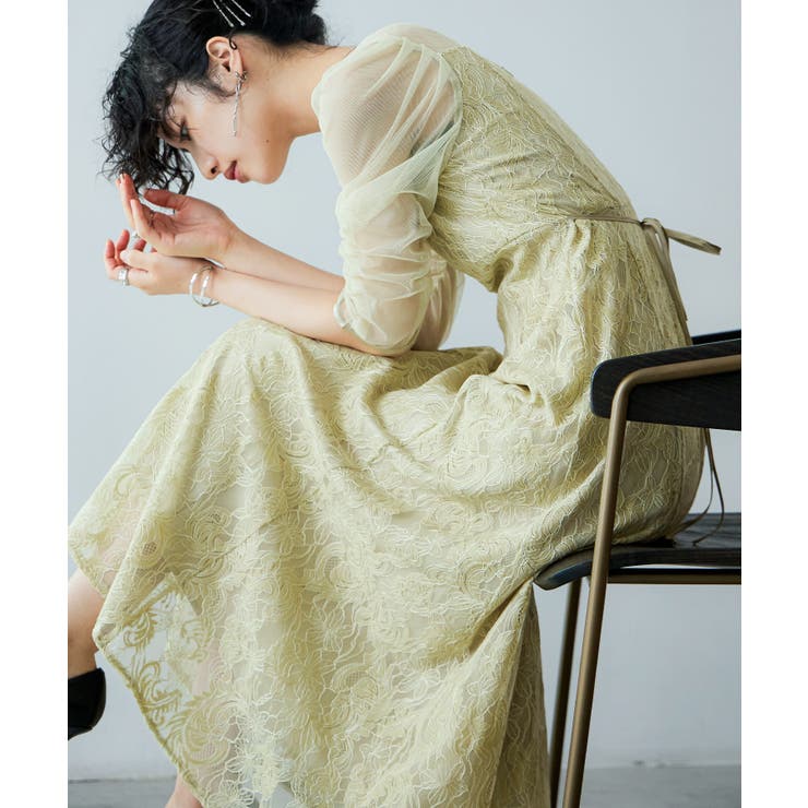 イエロー | niana ニアナ ボリューム袖レースフレアドレス | Fashion Letter