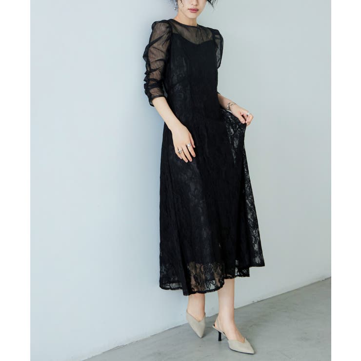 ブラック | niana ニアナ ボリューム袖レースフレアドレス | Fashion Letter