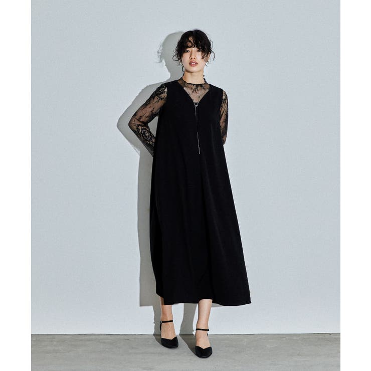 ブラック | niana ニアナ メローレースAラインロングドレス | Fashion Letter