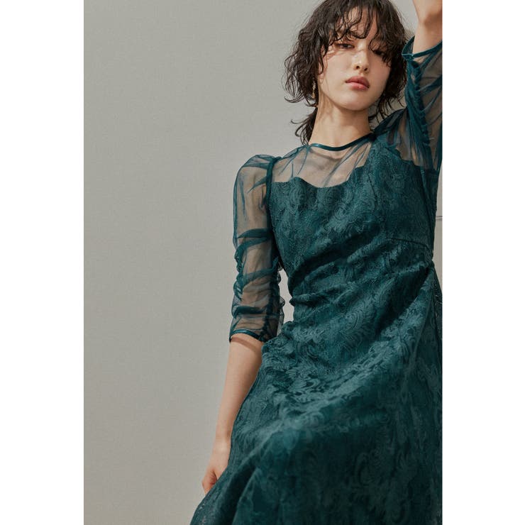 ダークグリーン | niana ニアナ ボリューム袖レースフレアドレス | Fashion Letter