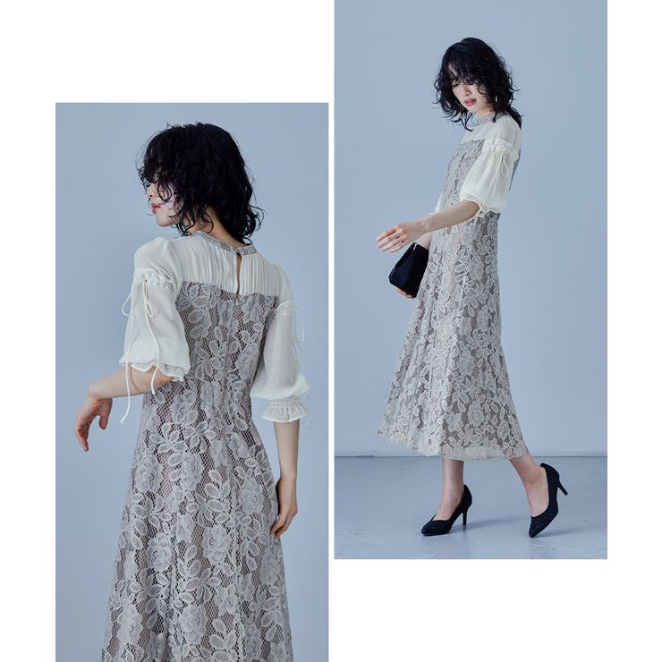【k♡】niana シフォンスリーブフラワーレースドレス シフォンスリーブフラワーレースドレス｜パーティードレス・結婚
