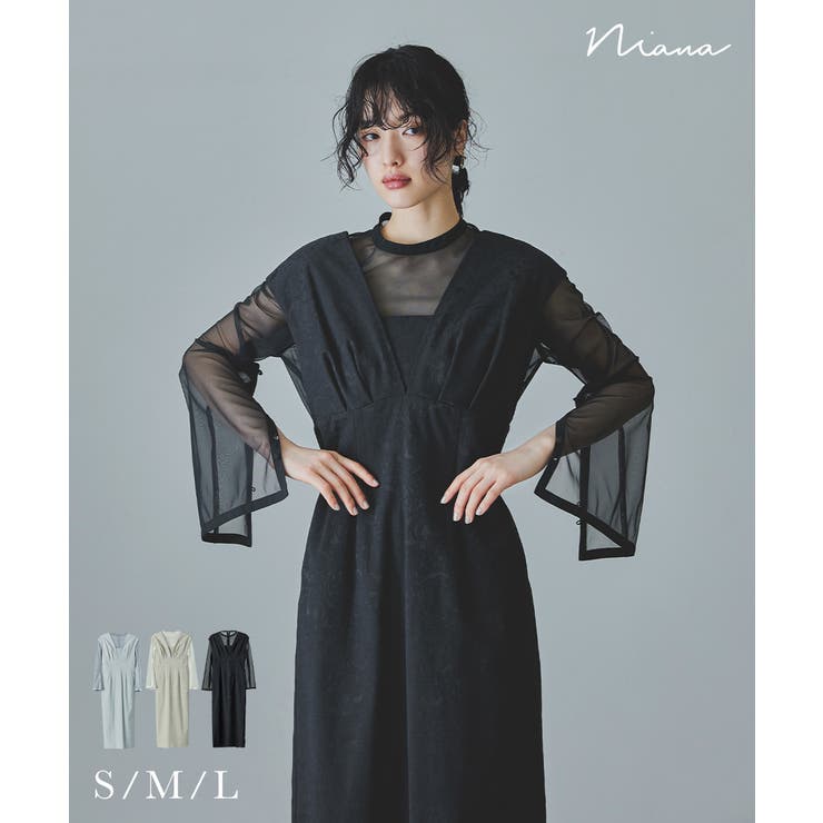 ニアナ　Ｖラインジャガードドレス、結婚式お呼ばれワンピース niana ニアナ Vラインジャガードドレス[品番：FT000009431