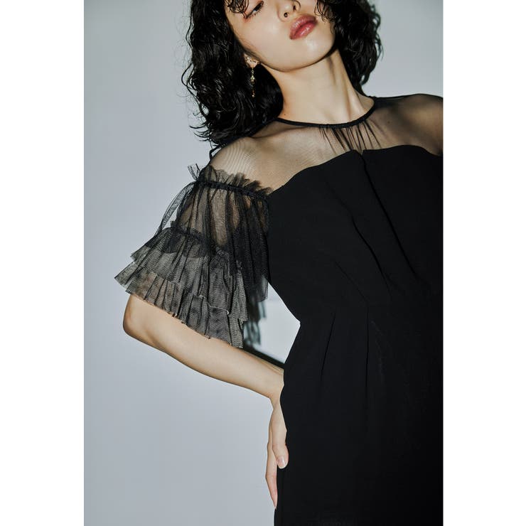 ブラック | niana ニアナ チュールフリルレイヤードスリーブパンツドレス | Fashion Letter