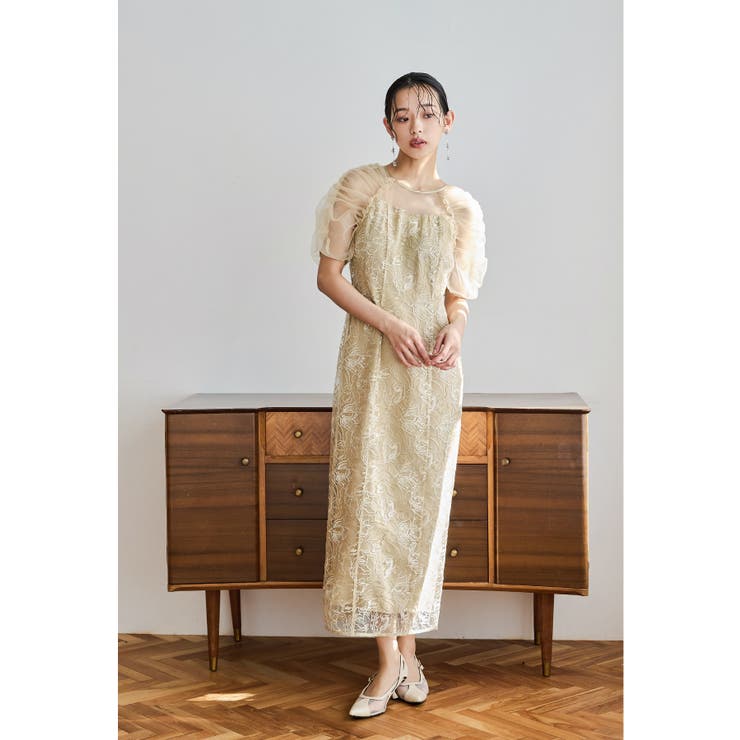 イエロー | niana ニアナ 刺繍レースギャザースリーブドレス | Fashion Letter