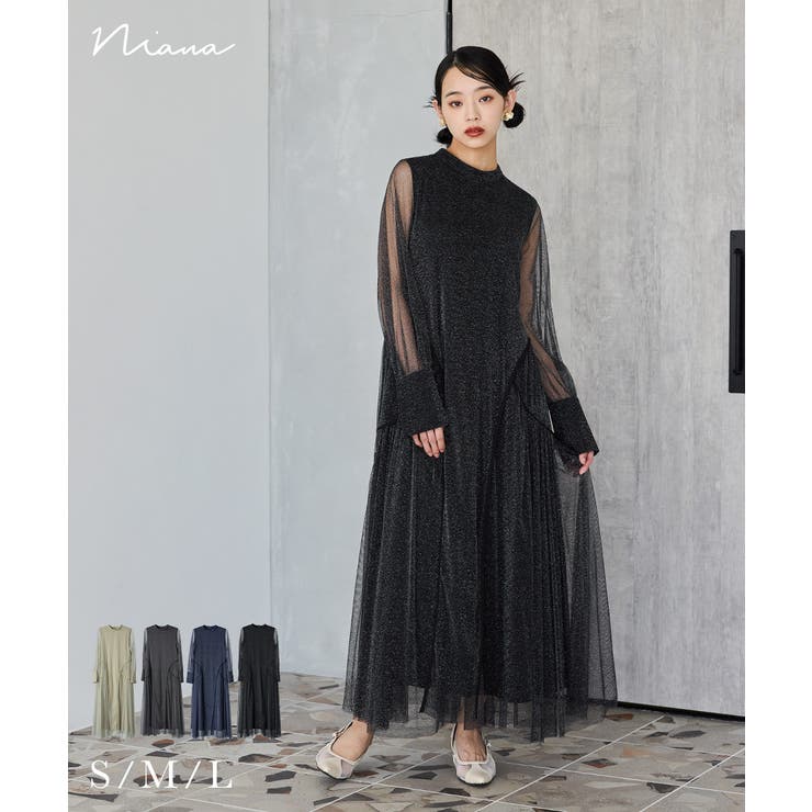 HANA 　niana ラメチュールAラインドレス ブラック　L niana ニアナ ラメチュールAラインドレス[品番：FT000010122