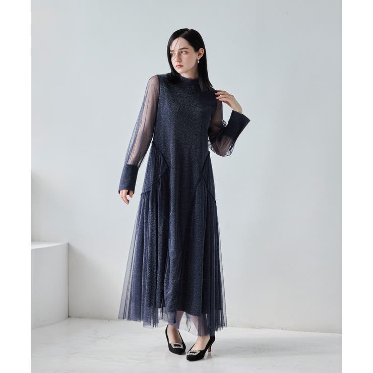 HANA 　niana ラメチュールAラインドレス ブラック　L ラメチュールAラインドレス マタニティ 妊婦 結婚式 二次会