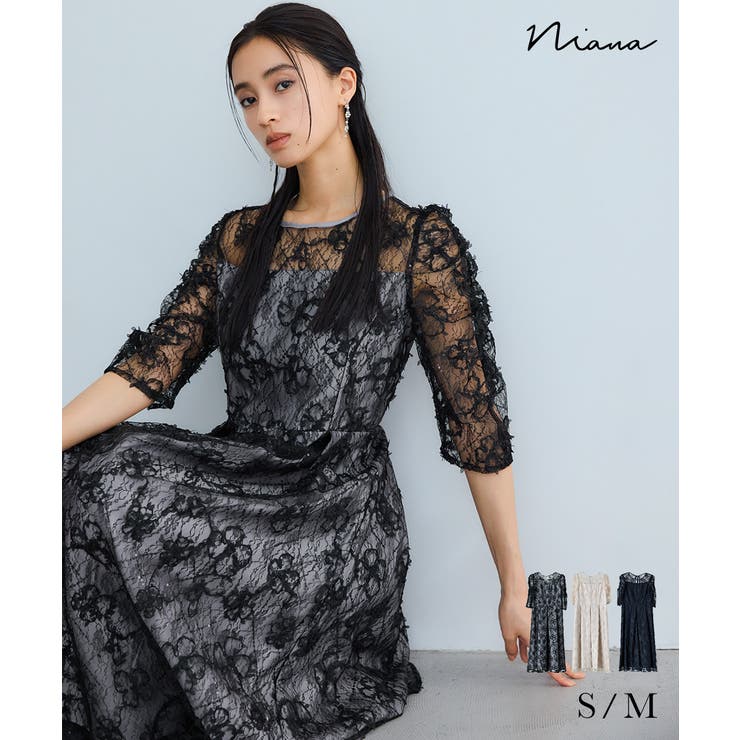 ⚠️最終値下げ　niana チャコール　M フラワー刺繍フリル袖ドレス Mサイズ niana ニアナ スパンコールフラワーレースドレス[品番