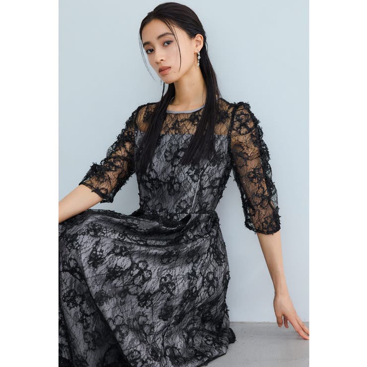 ブラック | niana ニアナ スパンコールフラワーレースドレス | Fashion Letter
