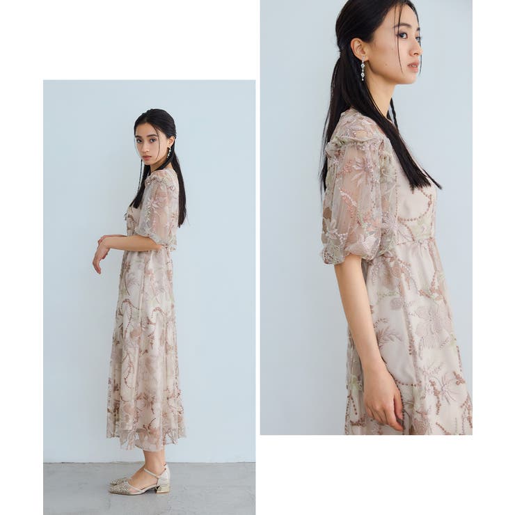 【処分価格】niana ベージュ パフスリーブ 刺繍 パーティドレス　L ニアナ niana 【低身長用サイズあり】オーガンジーパフスリーブ