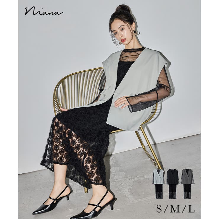 ローズレースペンシルドレス　niana ローズレースペンシルドレス 3点セット ベスト キャミワンピース
