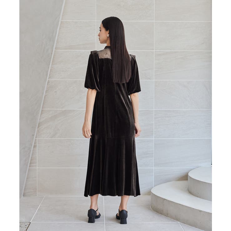 【nozomi】niana オーガンジー花柄フロッキーベロアドレス bflat｜オーガンジー花柄フロッキーベロアドレス 結婚式 二次会 成人式