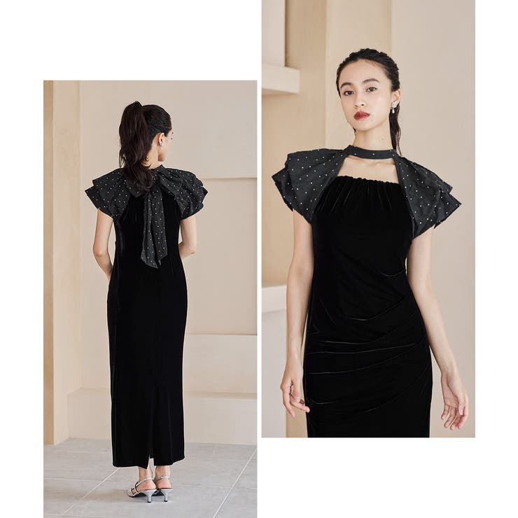 あさん専用 ANDRESD niana ドレープベロアドレス　ドットグレー　M niana ドレス ドレープベロアドレス ドット パーティードレス