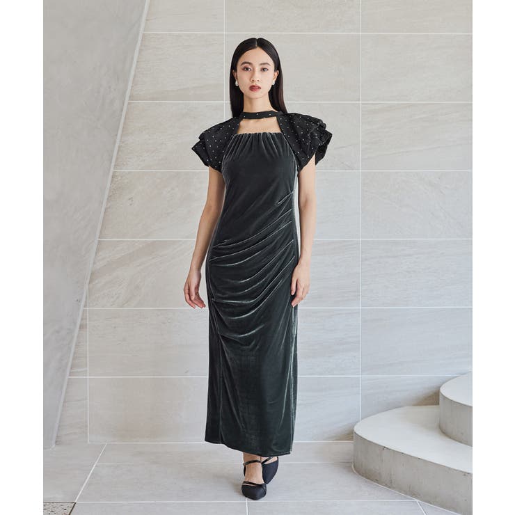 値札付　ANDRESD niana ドレープペロアドレス　新作ドットグレー niana ニアナ ドレープベロアドレス[品番：FT000009887]｜Fashion