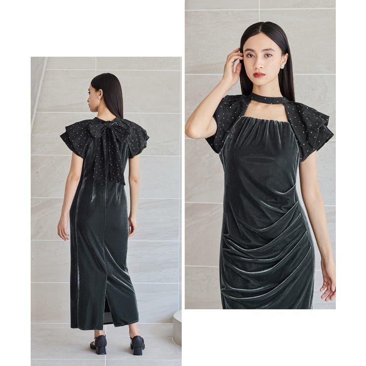 あさん専用 ANDRESD niana ドレープベロアドレス　ドットグレー　M niana ドレス ドレープベロアドレス ドット パーティードレス