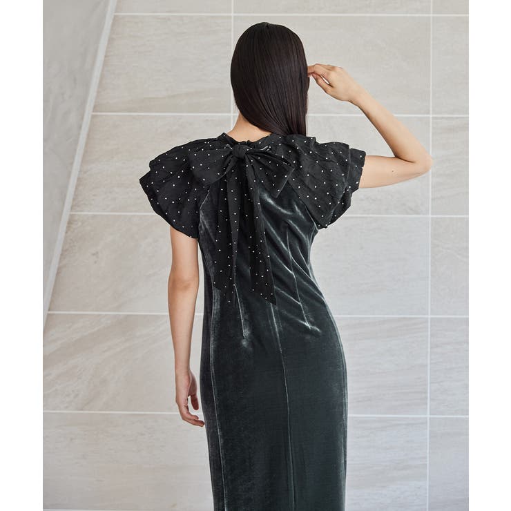 値札付　ANDRESD niana ドレープペロアドレス　新作ドットグレー ドットマルチケープセットドレス 付け襟 結婚式 パーティー