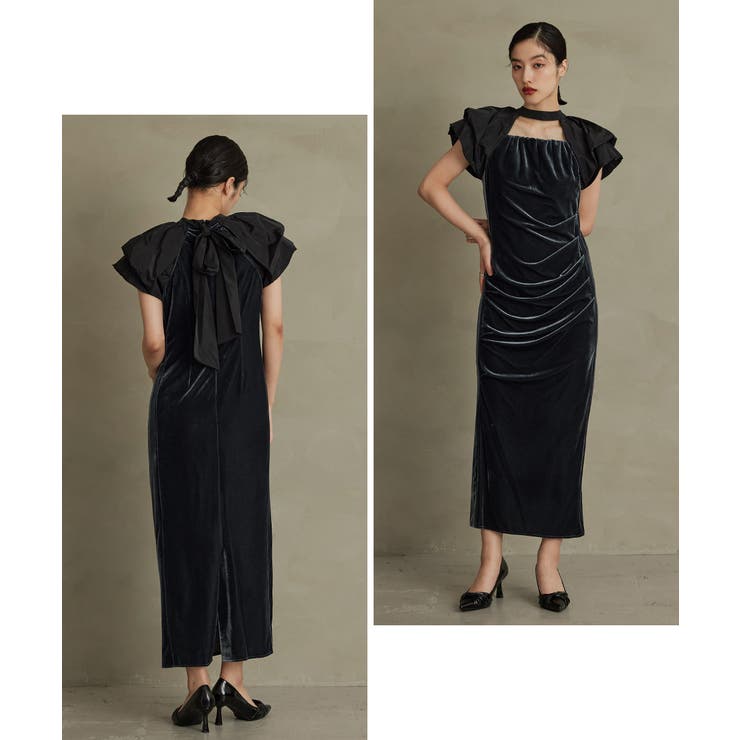 あさん専用 ANDRESD niana ドレープベロアドレス　ドットグレー　M niana ドレス ドレープベロアドレス ドット パーティードレス