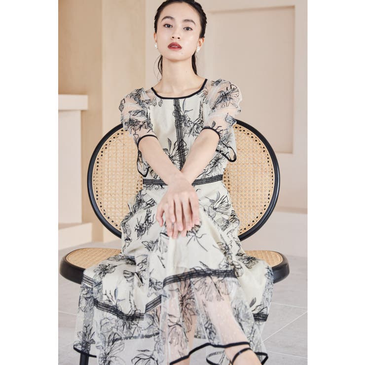 ブラック×ベージュ | niana ニアナ ドローイングフラワードレス | Fashion Letter