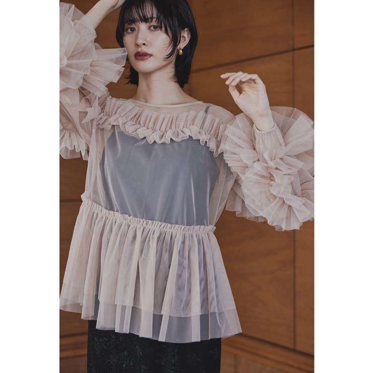 ピンクベージュ×ブラック | niana ニアナ チュールフリルブラウスセットドレス | Fashion Letter