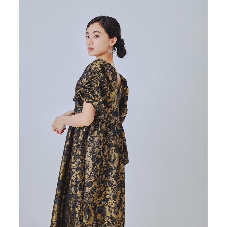 【完売色】niana ニアナ　パーティードレス　ジャガード　パフスリーブ niana ニアナ バブルスリーブジャガードドレス[品番