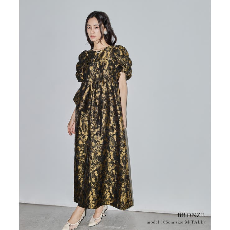 【完売色】niana ニアナ　パーティードレス　ジャガード　パフスリーブ niana ドレス 「低身長用サイズあり」フラワージャガード