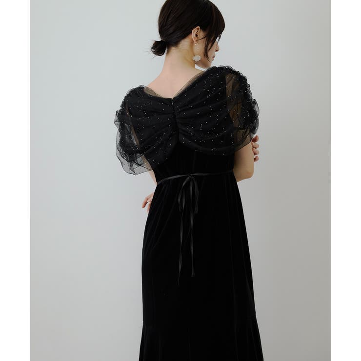 niana ニアナ ラインストーンチュールオフショルベロアドレス | Fashion Letter | 詳細画像7 