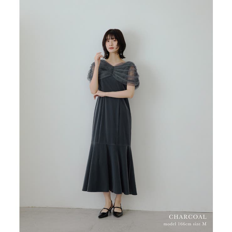 niana ニアナ ラインストーンチュールオフショルベロアドレス | Fashion Letter | 詳細画像9 