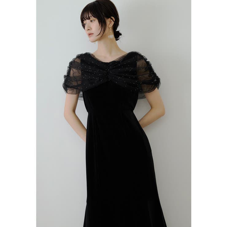 ブラック | niana ニアナ ラインストーンチュールオフショルベロアドレス | Fashion Letter