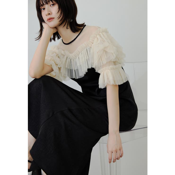 アイボリー×ブラック | niana ニアナ チュールフリルサテンフレアドレス | Fashion Letter