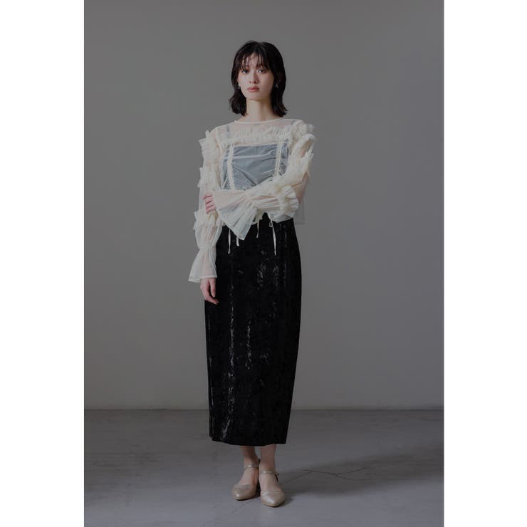 アイボリー×ブラック | niana ニアナ チュールトップスクラッシュベロアドレス | Fashion Letter