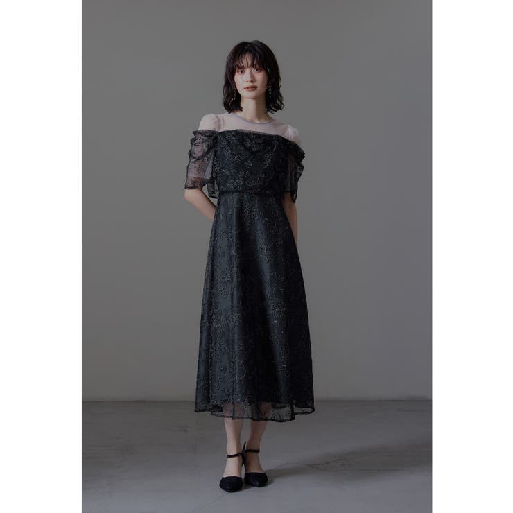 ブラック | niana ニアナ ラメレースドレープフレアドレス | Fashion Letter