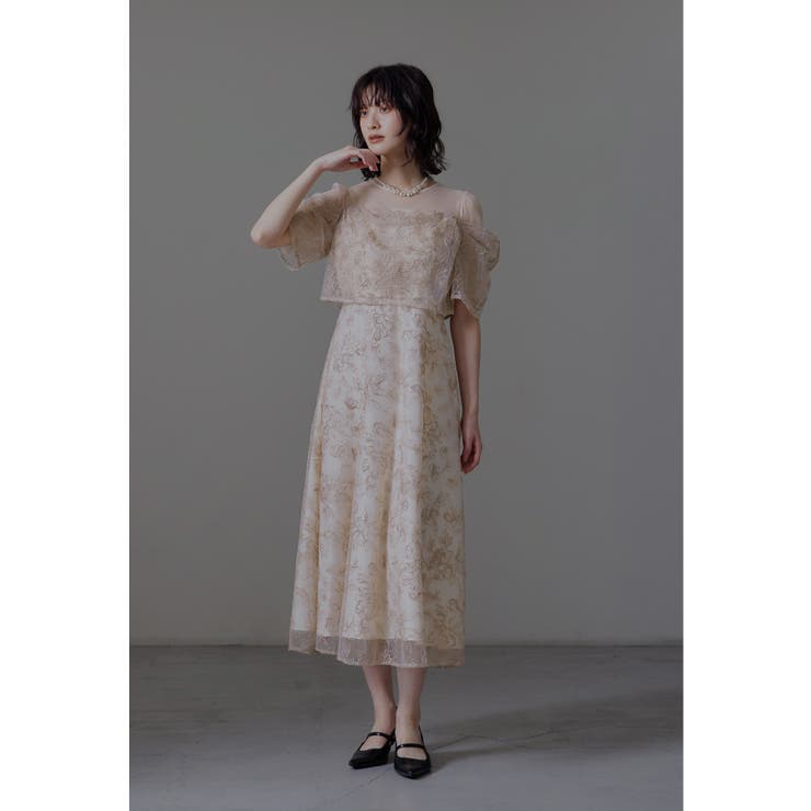 ピンクベージュ | niana ニアナ ラメレースドレープフレアドレス | Fashion Letter