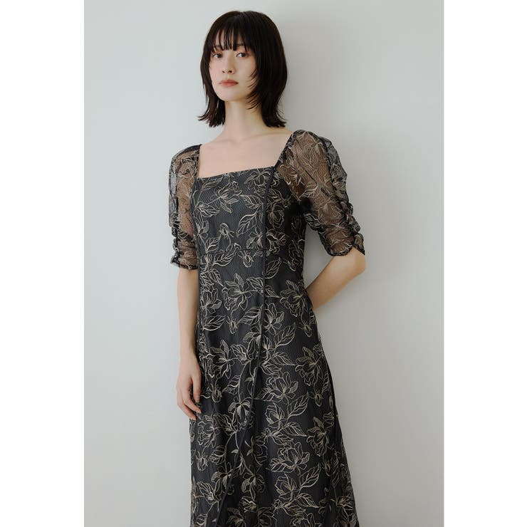 ブラックモカ | niana ニアナ フラワーウェーブパイピングドレス | Fashion Letter