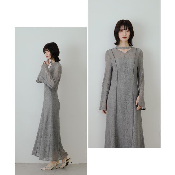 niana グレー レース模様 長袖 パーティードレス niana ニアナ スウィッチングレースドレス[品番：FT000010682