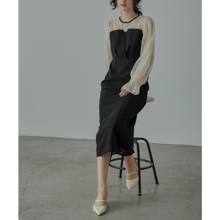 ホワイト×ブラック | niana ニアナ ビスチェ風ボリュームスリーブシフォンドレス | Fashion Letter