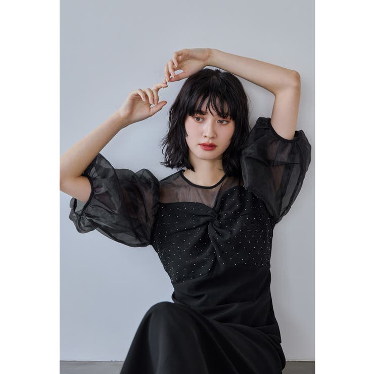 ブラック | niana ニアナ ラインストーンツイストパフスリーブドレス | Fashion Letter