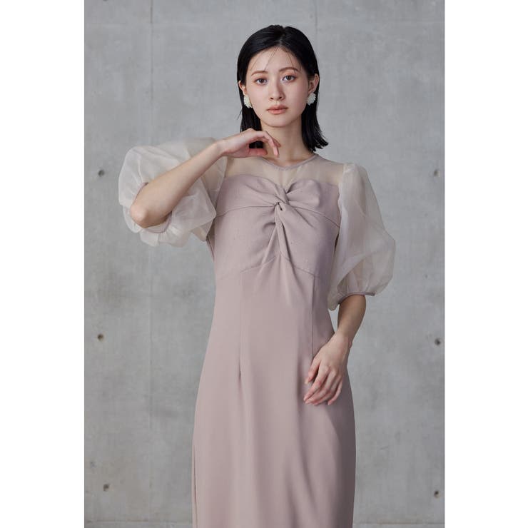 ピンクベージュ | niana ニアナ ラインストーンツイストパフスリーブドレス | Fashion Letter