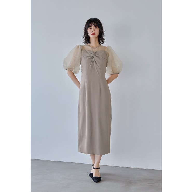 グレージュ | niana ニアナ ラインストーンツイストパフスリーブドレス | Fashion Letter