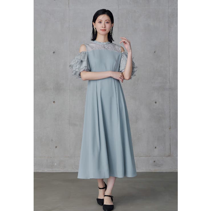 ブルーグレー | niana ニアナ オフショルフリルフラワー刺繍ドレス | Fashion Letter