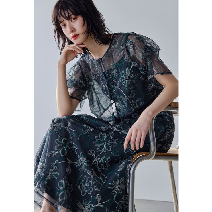 ネイビー | niana ニアナ タックスリーブエンブロイダリードレス | Fashion Letter