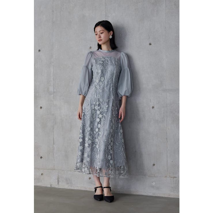 ブルーグレー | niana ニアナ フローラルパターンフレアドレス | Fashion Letter