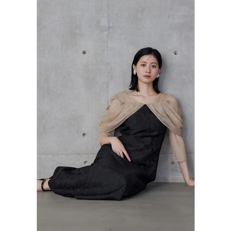 ベージュ×ブラック | niana ニアナ オフショルダージャガードドレス | Fashion Letter