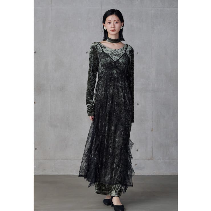 チャコール | niana ニアナ スパークルレースベロアドレス | Fashion Letter