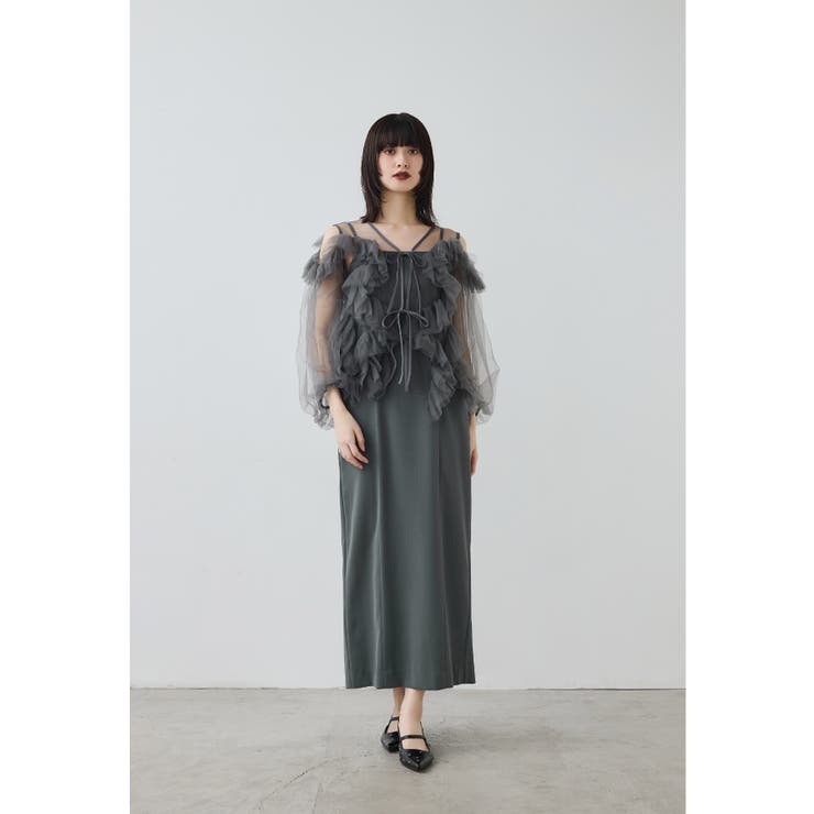 チャコール | niana ニアナ ダブルリボンチュールフリルブラウスセットドレス | Fashion Letter