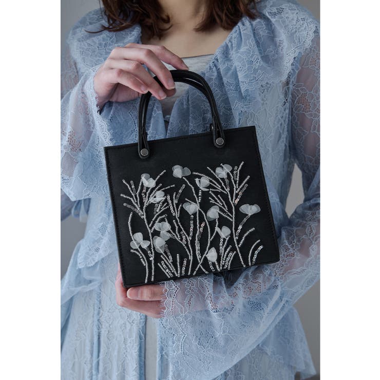 ブラック | niana ニアナ ボタニカル刺繍ラメハンドバッグ | Fashion Letter